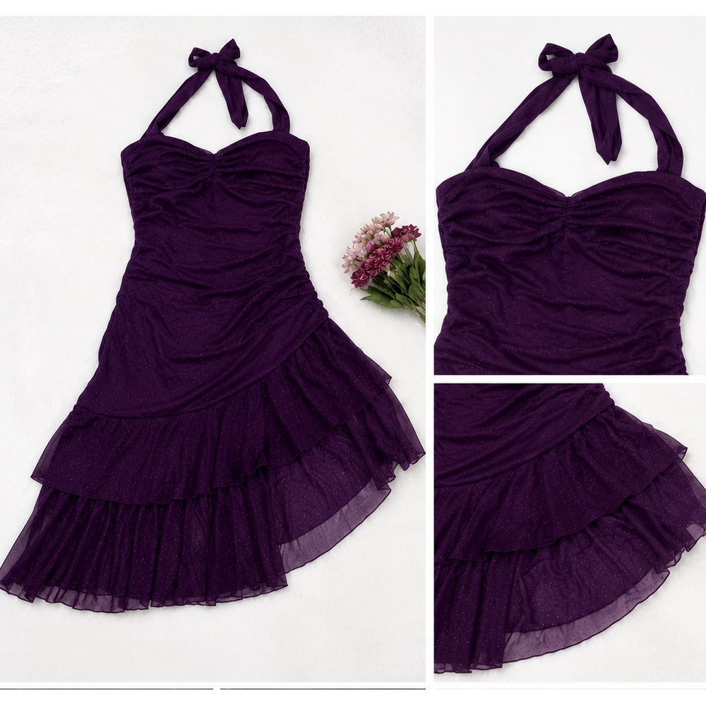 Y2K Purple Glitter Dot Halter Dress